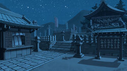  absurdres architecture banner building conifer east_asian_architecture ema fence fir_tree gensokyo highres komainu moriya_shrine mountainous_horizon night no_humans onbashira outdoors path pavement rope scenery shadow shide shimenawa shinto shop shrine sky stairs star_(sky) starry_sky stone_lantern stone_stairs stone_walkway touhou tree u-joe 