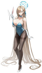  absurdly_long_hair absurdres animal_ears asuna_(blue_archive) asuna_(bunny)_(blue_archive) asymmetrical_bangs bare_shoulders blonde_hair blue_archive blue_eyes blue_leotard bow bowtie breasts brown_pantyhose cleavage commentary commentary_request covered_navel detached_collar eyes_visible_through_hair fake_animal_ears female full_body gloves grin hair_over_one_eye hair_ribbon hair_spread_out hairband halo hand_up high_heels highleg highleg_leotard highres holding holding_hairband large_breasts legs leotard long_hair looking_at_viewer meoyo mole mole_on_breast official_alternate_costume pantyhose playboy_bunny rabbit_ears ribbon simple_background skindentation smile solo standing strapless strapless_leotard thighband_pantyhose thighs traditional_bowtie unworn_hairband very_long_hair white_background white_footwear white_gloves white_hairband 