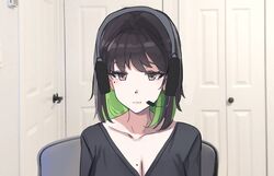  black_hair breasts chair cleavage closed_mouth colored_inner_hair door door_handle expressionless female headset highres indoors linus_tech_tips medium_hair meme miru_(ormille) mole mole_on_breast mole_under_eye multicolored_hair original ormille photo_background sad_linus_(meme) solo upper_body 