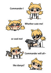  :3 afei_(sfma3248) aiming animal_ears black_eyes black_gloves black_necktie blonde_hair blush_stickers cat_ears chibi chinese_commentary commentary_request english_text female fingerless_gloves girls&#039;_frontline gloves gun hair_ornament hairclip hands_on_own_cheeks hands_on_own_face highres holding holding_weapon idw_(girls&#039;_frontline) long_hair looking_at_viewer multiple_views necktie oerba_yun_fang open_mouth parker-hale_idw photoshop_(medium) shirt simple_background striped striped_necktie submachine_gun sunglasses suspenders twintails upper_body v-shaped_eyebrows weapon white_background white_shirt 