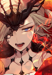  bare_shoulders black_mask blue_eyes earrings eye_mask female fire genshin_impact hair_behind_ear half_mask highres jewelry karokuchitose lace-trimmed_eyepatch mask mask_over_one_eye one_eye_covered open_mouth platinum_blonde_hair signora_(genshin_impact) solo 