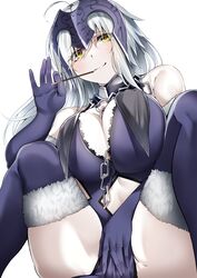  absurdres ahoge bare_shoulders black_dress black_gloves black_thighhighs breasts chains cleavage collar dress elbow_gloves fate/grand_order fate_(series) female food fur-trimmed_gloves fur-trimmed_legwear fur_trim gloves headpiece highres jeanne_d&#039;arc_alter_(avenger)_(fate) jeanne_d&#039;arc_alter_(avenger)_(third_ascension)_(fate) jeanne_d&#039;arc_alter_(fate) large_breasts len_(hand_linke) long_hair looking_at_viewer metal_collar pelvic_curtain pocky pocky_day smile solo squatting thighhighs very_long_hair white_hair yellow_eyes 