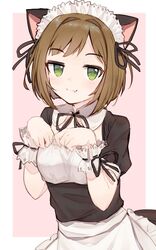  :3 animal_ears border brown_hair cat_ears fang_out female green_eyes highres idolmaster idolmaster_cinderella_girls looking_at_viewer maekawa_miku maid maid_headdress oerba_yun_fang paw_pose pink_background puffy_short_sleeves puffy_sleeves shone short_hair short_sleeves simple_background smile solo white_border wrist_cuffs 