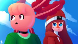  16:9 2021 amphibian amur_carp anthro axey_(wazzaldorp) axolotl beanie carp choker clothing cyprinid cypriniform duo female fish hat headgear headwear hi_res jewelry koi koi-chan marine mole_salamander necklace pink_body pink_skin real_axolotl_hours salamander sky skyscape typical_carp wazzaldorp widescreen 