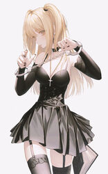  amane_misa arms_up bare_shoulders black_choker black_dress black_nails black_thighhighs blonde_hair book breasts chains choker cleavage collarbone commentary cowboy_shot cross cuffs death_note death_note_(object) detached_sleeves dress eyes_visible_through_hair female grey_background hair_between_eyes handcuffs jewelry long_hair long_sleeves nail_polish necklace notebook parted_lips shaded_face short_dress simple_background solo strap thigh_strap thighhighs two_side_up wanke yellow_eyes zettai_ryouiki 