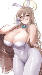  akane_(blue_archive) akane_(bunny)_(blue_archive) animal_ears aqua_bow aqua_bowtie bare_shoulders blue_archive blush bow bowtie breasts brown_eyes brown_hair cleavage closed_mouth commentary covered_navel detached_collar fake_animal_ears female glasses gloves hair_between_eyes hairband halo hand_up highleg highleg_leotard highres huge_breasts large_breasts leotard long_hair looking_at_viewer off_shoulder official_alternate_costume pantyhose playboy_bunny rabbit_ears simple_background smile solo strapless strapless_leotard thick_thighs thighs wee_(weeyy) white_background white_gloves white_hairband white_leotard white_pantyhose 