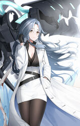  azur_lane belt black_belt black_choker black_gloves black_pantyhose black_shirt breasts chkalov_(azur_lane) choker cleavage closed_mouth coat collared_shirt cowboy_shot female floating_hair gloves grey_hair hand_in_pocket hand_up high-waist_skirt highres long_hair long_sleeves looking_at_viewer medium_breasts mole mole_under_eye open_clothes open_coat pantyhose parted_bangs pencil_skirt qing_wu shirt sidelocks skirt solo white_coat yellow_eyes 