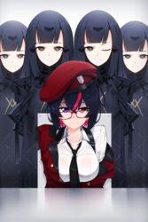  5girls absurdres android beret black_hair breasts expressionless female_commander_(girls&#039;_frontline) girls&#039;_frontline glasses griffin_&amp;_kryuger griffin_&amp;_kryuger_military_uniform hat heterochromia highres large_breasts meme multicolored_hair multiple_girls nyto_(generic)_(girls&#039;_frontline) nyto_(girls&#039;_frontline) one_eye_closed paradeus piper_perri_surrounded_(meme) purple_eyes red_eyes red_hair smile streaked_hair suspenders sweat two-tone_hair z.taiga 