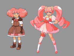  :d asymmetrical_legwear blue_eyes bow bowtie bright_pupils dress english_commentary female frilled_dress frills full_body gloves grey_background hair_ornament hand_on_own_hip high_guardian_spice kneehighs long_hair pink_hair pink_pupils redesign reference_inset rosemary_(high_guardian_spice) sangurasuu short_sleeves simple_background single_thighhigh smile socks standing thighhighs twintails very_long_hair white_gloves white_legwear yellow_bow yellow_bowtie 