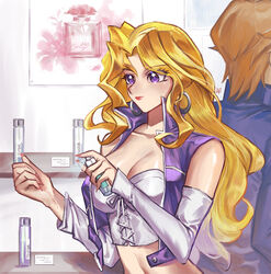  1boy abiiii blonde_hair blush bottle breasts cleavage corset detached_sleeves earrings eyes_visible_through_hair female jewelry jonouchi_katsuya kujaku_mai large_breasts long_hair navel perfume_(cosmetics) purple_eyes purple_vest short_hair solo_focus spray_bottle vest white_sleeves yu-gi-oh! yu-gi-oh!_duel_monsters 