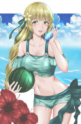  :d absurdres bare_shoulders bikini blonde_hair blue_sky bottle breasts cloud commentary_request cowboy_shot day female fire_emblem fire_emblem:_three_houses fire_emblem_heroes flower food fruit green_bikini green_eyes green_ribbons green_shorts hair_flower hair_ornament hair_ribbon hand_up hibiscus highres holding holding_bottle holding_food holding_fruit ingrid_brandl_galatea ingrid_brandl_galatea_(summer) izuminnu long_hair looking_at_viewer medium_breasts navel off-shoulder_bikini off_shoulder official_alternate_costume open_mouth outdoors partial_commentary ramune red_flower ribbon short_shorts shorts sky smile solo standing stomach swimsuit thighs water 