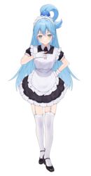  absurdres ai-nohikari alternate_costume apron aqua_(konosuba) black_dress black_footwear breasts collared_dress dress enmaided female frilled_apron frilled_dress frills full_body garter_straps gloves grin hair_ornament hair_rings hand_on_own_chest hand_on_own_hip hand_up highres kono_subarashii_sekai_ni_shukufuku_wo! long_hair maid maid_apron medium_breasts puffy_short_sleeves puffy_sleeves short_dress short_sleeves simple_background smile solo teeth thighhighs white_apron white_background white_gloves white_thighhighs zettai_ryouiki 