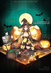  artist_name bat_(animal) black_hat breasts brown_hair candle candy character_name cleavage copyright_name detached_sleeves english_commentary female food full_moon girls&#039;_frontline hat highres jack-o&#039;-lantern lollipop long_hair looking_at_viewer m21_(gatekeeper_of_the_magical_realm)_(girls&#039;_frontline) m21_(girls&#039;_frontline) medium_breasts moon multicolored_hair official_alternate_costume official_art open_mouth promotional_art pumpkin red_eyes red_hair sitting solo striped_clothes striped_thighhighs swirl_lollipop thighhighs torn_clothes torn_thighhighs two-tone_hair witch_hat 