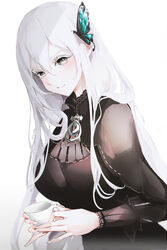  absurdres black_capelet black_dress blush breasts butterfly_hair_ornament capelet closed_mouth colored_eyelashes cup dress echidna_(re:zero) female hair_between_eyes hair_ornament highres large_breasts lielac long_hair long_sleeves looking_at_viewer purple_eyes re:zero_kara_hajimeru_isekai_seikatsu simple_background smile solo striped_clothes striped_dress tea teacup vertical-striped_clothes vertical-striped_dress white_background white_hair 