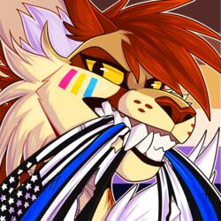  1:1 2020 ambiguous_gender brown_hair cheek_tuft citrinelle citrinelle_(character) digital_media_(artwork) facial_markings facial_tuft fangs felid feline flag flag_background fur hair half-closed_eyes head_markings headshot_portrait inner_ear_fluff lgbt_pride looking_at_viewer low_res mammal markings mouth_hold narrowed_eyes nonbinary_pride_colors pansexual_pride_colors politics portrait pride_colors red_hair red_nose tan_body tan_fur teeth thin_blue_line tuft yellow_sclera 