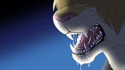  16:9 2023 4k absurd_res alternate_species anthro bared_teeth beastars blonde_hair bodily_fluids capcom close-up drooling fangs felid fizzy-dog fur hair hi_res leon_kennedy lion male mammal pantherine parody resident_evil saliva sharp_teeth solo tan_body tan_fur teeth widescreen 