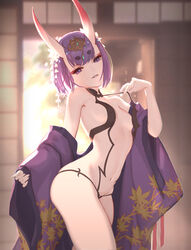  backlighting bare_shoulders bob_cut breasts clothes_pull collarbone eyeliner fate/grand_order fate_(series) female flower hair_flower hair_ornament headpiece horns japanese_clothes kimono leaf_print long_sleeves looking_at_viewer makeup navel off_shoulder oni open_clothes open_kimono parted_lips petite purple_eyes purple_hair purple_kimono revealing_clothes short_hair shouji shuten_douji_(fate) skin-covered_horns sliding_doors small_breasts smile solo sunrise tenshin_kagehisa thighs wide_sleeves 