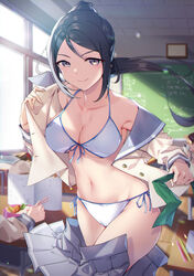  &gt;:) absurdres armpits bare_shoulders bikini bikini_under_clothes black_eyes black_hair blue_ribbon blush breasts chalkboard classroom cleavage closed_mouth collarbone cowboy_shot female front-tie_bikini_top front-tie_top grey_sailor_collar grey_skirt halterneck highres holding indoors long_hair long_sleeves love_live! love_live!_sunshine!! matsuura_kanan medium_breasts miniskirt multiple_others navel open_clothes open_shirt pleated_skirt ponytail ribbon sailor_collar school_uniform serafuku shirt side-tie_bikini_bottom skirt smile stomach string_bikini swimsuit unbuttoned underboob undressing v-shaped_eyebrows white_bikini white_shirt window yamaori_(yamaorimon) 