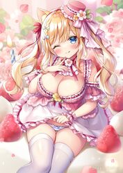  animal_ears bare_shoulders blonde_hair blush bow bow_panties breasts cleavage clothes_lift commentary_request dress female flower food frills fruit hair_ornament hat large_breasts lifting_own_clothes long_hair looking_at_viewer mitsuba_choco one_eye_closed original panties ribbon smile solo strawberry striped_clothes striped_panties thighhighs twitter_username underwear 