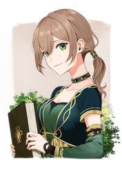  alternate_costume alternate_hairstyle arabian_clothes book brown_hair choker commentary_request earrings female genshin_impact green_eyes highres holding holding_book jewelry lisa_(genshin_impact) long_hair ponytail smile solo upper_body yamabuki0211 