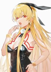  alternate_costume animal_ears bare_shoulders black_leotard blonde_hair bracelet breasts cleavage commentary detached_collar earrings fake_animal_ears fake_tail fate/stay_night fate_(series) female genderswap_(mtf) gilgamesh_(fate) hair_between_eyes hand_on_own_chin hand_on_own_hip highres jewelry k7_(kk7_000) leotard long_hair looking_at_viewer medium_breasts open_mouth playboy_bunny rabbit_ears rabbit_tail red_eyes rule_63 simple_background solo strapless strapless_leotard tail tattoo teeth upper_teeth_only very_long_hair white_background 