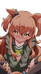  :i animal_ears arms_between_legs blush brown_thighhighs closed_mouth commentary_request crop_top ears_down female highres horse_ears horse_girl jacket long_hair long_sleeves looking_at_viewer mayano_top_gun_(umamusume) midriff navel nose_blush open_clothes open_jacket orange_hair pout sanami_(sanami_t_38) short_shorts shorts simple_background solo thighhighs two_side_up umamusume white_background white_shorts yellow_eyes yellow_jacket 