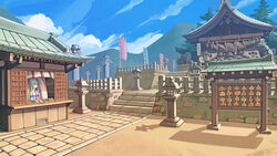  absurdres architecture banner building cloud collared_shirt conifer day detached_sleeves east_asian_architecture ema female fence fir_tree gensokyo green_eyes green_hair hair_ornament highres kochiya_sanae komainu long_hair moriya_shrine mountainous_horizon onbashira outdoors pavement rope scenery shadow shide shimenawa shinto shirt shop shrine sky sleeveless sleeveless_shirt snake_hair_ornament solo stairs stone_lantern stone_stairs stone_walkway touhou tree u-joe white_shirt 