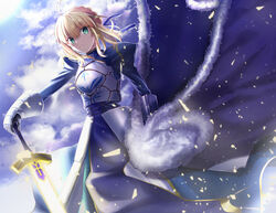  ahoge armor armored_dress artoria_pendragon_(fate) blonde_hair blue_cape blue_dress blue_ribbon blue_sky braid braided_bun breastplate breasts cape dress excalibur_(fate/stay_night) fate/stay_night fate_(series) faulds female gauntlets green_eyes hair_bun hair_ribbon highres juliet_sleeves long_hair long_sleeves looking_at_viewer medium_breasts neko_daruma puffy_sleeves ribbon saber_(fate) sidelocks single_hair_bun sky solo sword weapon 