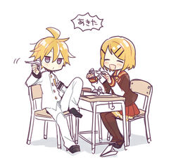  1boy armband black_skirt blonde_hair blue_eyes chair closed_eyes collar commentary desk executive_student_council_(module) feet_on_chair female full_body hair_ornament hairclip holding holding_paper jacket kagamine_len kagamine_rin leg_up light_blush miniskirt necktie open_mouth origami pants paper paper_airplane paper_crane pleated_skirt pouty_lips project_diva_(series) red_collar red_skirt school_uniform serafuku short_hair sitting skirt smile spiked_hair suzumi_(fallxalice) swept_bangs thighhighs trad_school_(module) translated uniform vocaloid white_background white_jacket white_pants white_uniform yellow_necktie 