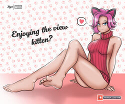  1girls alley_cat_maeve alternate_breast_size alternate_costume barefoot blue_eyes cat_ears feet female foot_fetish hi-rez_studios large_breasts light-skinned_female light_skin maeve_(paladins) paladins pink_hair virgin_killer_sweater yhw 