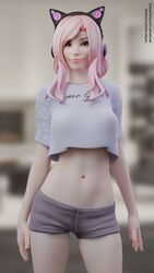  1girls 3d belle_delphine belly belly_button braces brown_eyes cat_ears crop_top cute egirl eyelashes eyeshadow female female_only freckles headphones headset looking_at_viewer mavixtious navel pale-skinned_female pale_skin pink_hair real_person short_sleeves shorts smile teenager tummy twitch_thot 