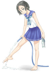  barefoot black_eyes black_hair blue_skirt feet female full_body holding_shoes hose legs looking_down original pleated_skirt school_uniform shoes_removed sleeveless solo souji_kurokawa toes water wet white_shirt 