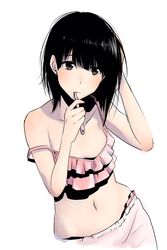  bare_shoulders black_hair brown_hair brushing_teeth collarbone commentary_request cowboy_shot female hand_on_own_head hands_up highres kalua midriff navel original short_hair simple_background solo strap_slip toothbrush white_background 