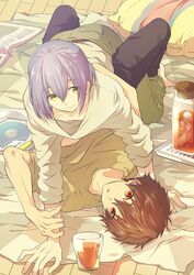  2boys book boy_on_top brown_hair cd drink floor full_body glass green_eyes high_speed! kirishima_natsuya looking_at_viewer male_focus memeo_(candy_house) multiple_boys pillow purple_hair red_eyes serizawa_nao sheets short_hair smile undressing yaoi 