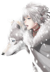  absurdres animal animal_ears blue_eyes cape commentary_request eyelashes fangs female fur_cape grey_cape grey_hair hair_tubes highres jewelry kalua necklace nose original photoshop_(medium) pink_lips short_hair simple_background snowing solo teeth upper_body white_background wolf wolf_ears 