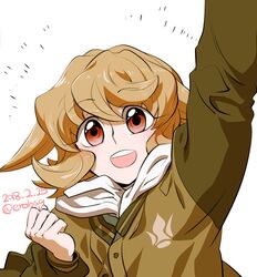  arm_up atra_mixta bad_id bad_twitter_id bae_(baebae) clenched_hands dated female gundam gundam_tekketsu_no_orphans highres jacket light_brown_hair open_mouth red_eyes scarf smile solo twitter_username upper_body white_scarf 