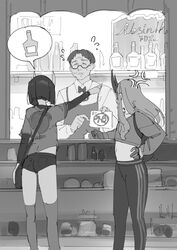  1boy 2girls alcohol anger_vein ass bag casual contemporary crop_top fate/grand_order fate_(series) flat_chest flying_sweatdrops glasses greyscale hand_on_own_hip horns ibaraki_douji_(fate) midriff monochrome multiple_girls navel pants pointing semi-rimless_eyewear short_hair short_shorts shorts shoulder_bag shuten_douji_(fate) sidelocks skin-covered_horns slam speech_bubble spoken_object standing thighhighs timbougami under-rim_eyewear yoga_pants 