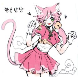  bell dress fangs female gloves green_eyes japanese_dress mad_mew_mew pink_hair solo tail teeth twintails undertale wink 