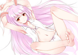  animal_ears armpits arms_up bare_arms bare_legs bare_shoulders barefoot blush bow bow_panties bra breasts collarbone commentary feet feet_out_of_frame female flan_(seeyouflan) highres knees_up legs legs_up long_hair looking_at_viewer navel open_clothes open_shirt panties photoshop_(medium) pink_bow pink_hair rabbit_ears red_eyes reisen_udongein_inaba shirt simple_background sleeveless sleeveless_shirt small_breasts soles solo stomach thighs toes torn_clothes torn_shirt touhou underwear very_long_hair white_background white_bra white_panties white_shirt 