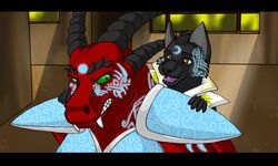  2009 amocin angry anthro armor black_bars canid canine clothed clothing crimson_claw_(amocin) dragon female fox horn letterbox male mammal mythological_creature mythological_scalie mythology scalie silent_strider_(amocin) 