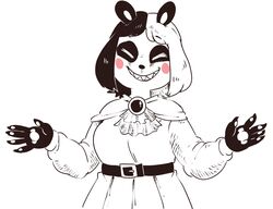  5_fingers anthro bear belt black_hair black_nose blush blush_stickers closed_eyes clothed clothing dress eye_markings facial_markings female fingers front_view fully_clothed giant_panda hair handpaw head_markings mammal markings multicolored_hair nuclearwasabi partially_colored pawpads paws sharp_teeth short_hair simple_background smile solo standing teeth two_tone_hair vampire_(nuclearwasabi) white_background white_hair 