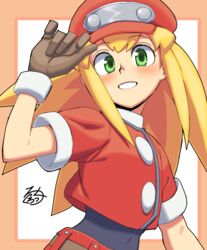  blonde_hair blush cabbie_hat commentary_request covered_navel cropped_jacket female gloves green_eyes hat hat_tip highres jacket long_hair mega_man_(series) mega_man_legends_(series) red_jacket rog_rockbe roll_caskett_(mega_man) short_sleeves smile solo 