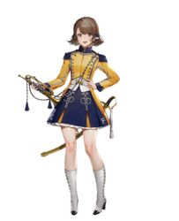  :d blue_bow boots bow braid brown_hair bugle dress epaulettes eugene_caron female full_body hairbow hand_on_own_hip high_heel_boots high_heels instrument looking_at_viewer official_art open_mouth purple_eyes quuni scabbard scimitar seijo_senki sheath short_hair smile solo standing sword transparent_background trumpet weapon white_footwear yellow_dress 