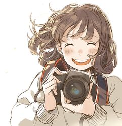  :d ^_^ adjusting_camera beige_shirt blush brown_hair camera closed_eyes commentary_request facing_viewer female highres holding holding_camera kana_(okitasougo222) long_sleeves open_mouth original short_hair smile solo sweater upper_body white_background 