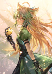  ahoge animal_ears apple atalanta_(fate) azomo backlighting braid breasts cat_ears cat_tail chinese_commentary closed_mouth commentary fate/apocrypha fate_(series) female food french_braid fruit gauntlets golden_apple gradient_hair green_eyes green_hair hair_between_eyes highres long_hair looking_at_viewer multicolored_hair photoshop_(medium) puffy_short_sleeves puffy_sleeves short_sleeves solo tail two-tone_hair 