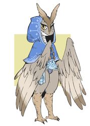  anthro avian beak bird blue_clothing brown_body brown_feathers clothed clothing eyelashes feathers feet front_view full-length_portrait fully_clothed hi_res hood nuclearwasabi owl portrait solo standing talons toes winged_arms wings wrappings yellow_eyes 