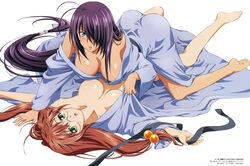  2girls black_hair black_ribbon breasts cleavage collarbone cowgirl_position eyebrows eyebrows_visible_through_hair glasses green_eyes hair_bobbles hair_ornament hair_over_one_eye ikkitousen japanese_clothes kan&#039;u_unchou kimono large_breasts long_hair low-tied_long_hair lying multiple_girls on_back ribbon rin-sin ryuubi simple_background very_long_hair white_background yukata yuri 