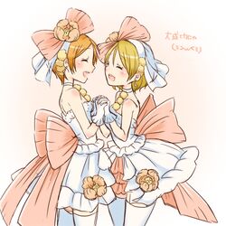  2girls :d ^_^ alternate_costume back_bow blush bow camellia closed_eyes commentary_request dress earrings face-to-face flower gloves hair_flower hair_ornament hairbow holding_hands hoshizora_rin jewelry koizumi_hanayo light_brown_hair love_live! love_live!_school_idol_project love_wing_bell matching_outfits morimaiko multiple_girls open_mouth orange_hair pom_pom_(clothes) short_hair smile thighhighs veil white_dress white_gloves white_legwear 