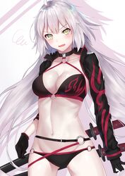  ahoge belt bikini black_belt black_bikini black_choker black_gloves black_jacket blush breasts choker cleavage collarbone commentary_request cowboy_shot cropped_jacket fate/grand_order fate_(series) female gloves grey_hair groin hair_between_eyes halterneck head_tilt highres jacket jeanne_d&#039;arc_alter_(fate) jeanne_d&#039;arc_alter_(swimsuit_berserker)_(fate) katana large_breasts long_hair long_sleeves looking_at_viewer navel o-ring o-ring_bikini o-ring_bottom o-ring_top open_clothes open_jacket open_mouth pale_skin popped_collar print_bikini reuri_(tjux4555) scabbard sheath sheathed shrug_(clothing) sidelocks simple_background solo squiggle standing stomach swimsuit sword v-shaped_eyebrows very_long_hair weapon white_background yellow_eyes 