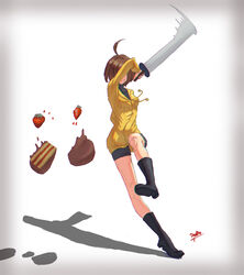  ahoge birthday_cake black_footwear black_shorts boots breasts brown_hair cake chocolate_cake commentary cutting doolio english_commentary female food fruit full_body highres hood hood_down hoodie linne reverse_grip short_hair shorts small_breasts solo strawberry sword turtleneck under_night_in-birth weapon 